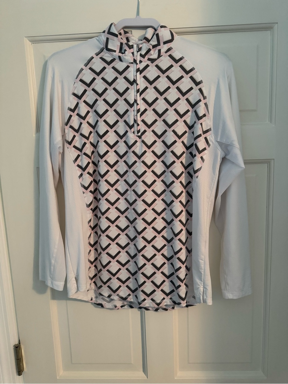 Women’s White Long-Sleeve Zip Shirt with Geometric Print. UPF 50